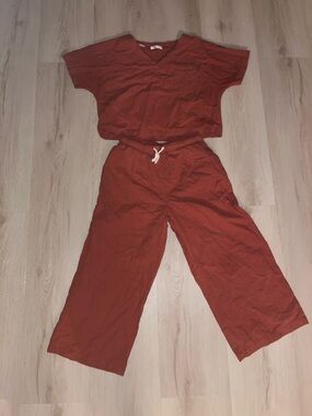 Rust Orange V Neck Top With Wide-Leg Linen Like Drawstring Pants Set